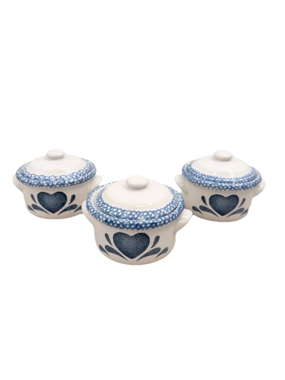 Vintage 3 PC Corelle Blue Hearts Stoneware by Corning Country Soup Crocks Bowls